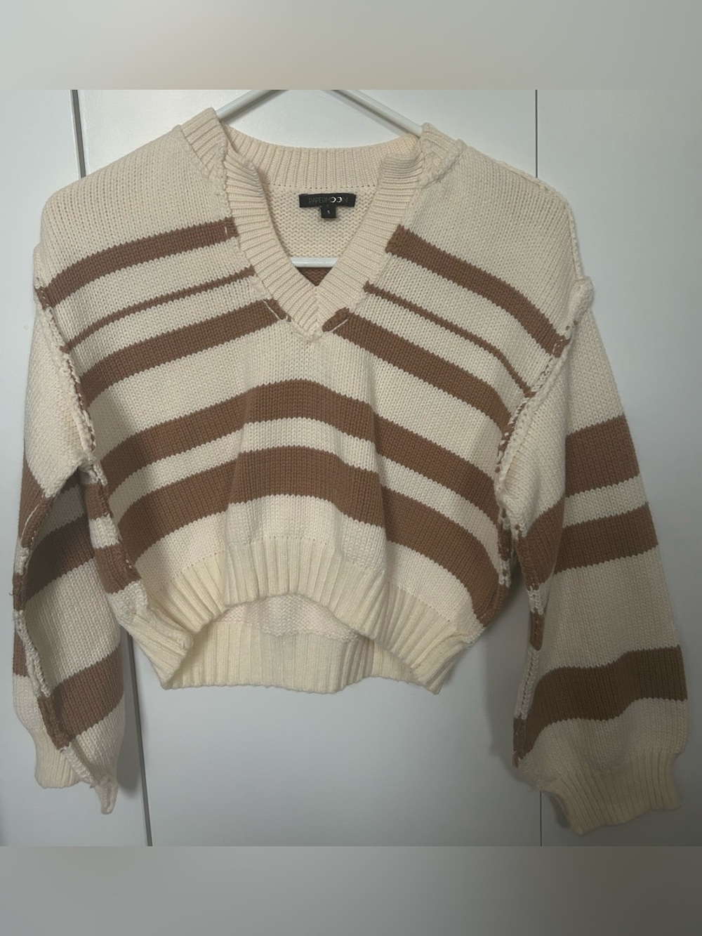 PAPERMOON Chunky Striped V-Neck Cropped Sweater - Cream & Brown Ribbed edges